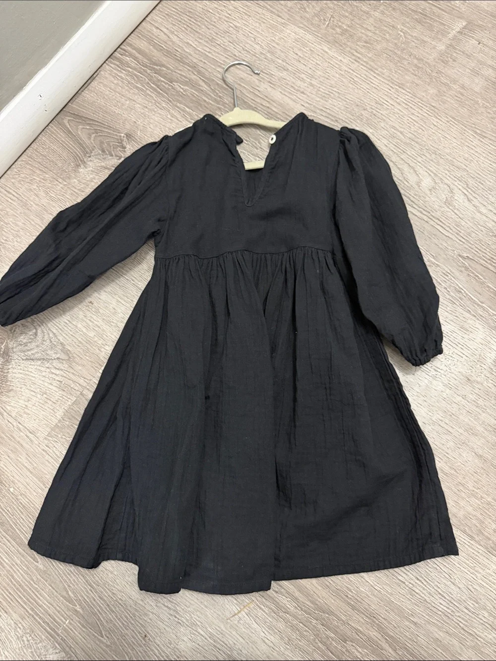 Black Long-Sleeve Girls Dress with Cream Crochet Bib